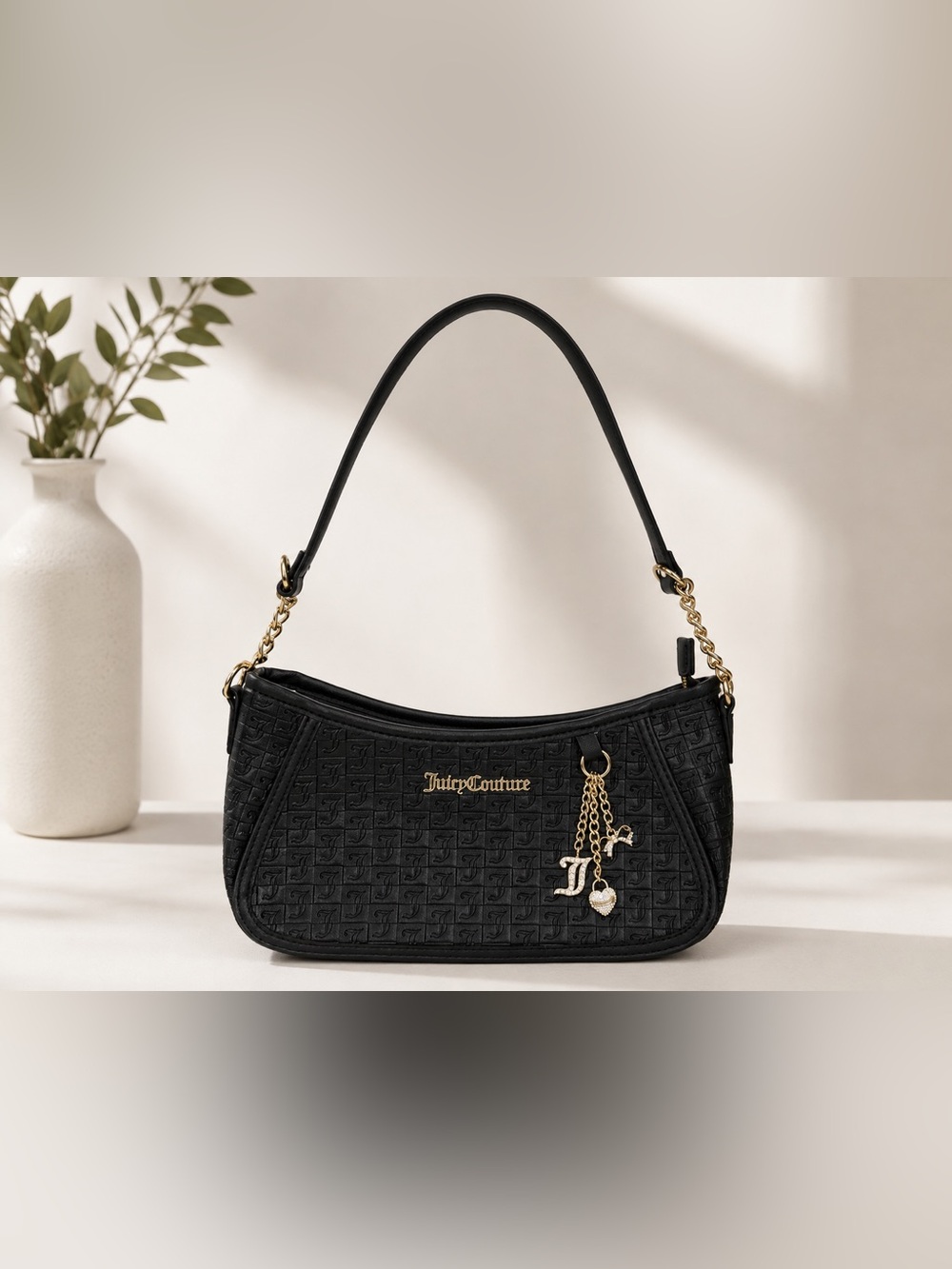 Juicy Couture Black Quilted Logo Shoulder Bag with Gold Charm Accents